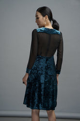 Velvet A-line dress with sheer mesh long sleeves and V-neckline for elegant evening wear